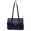 Granello Vintage Blue Leather Bamboo Closure Shoulder Bag Tote - Autre Marque