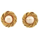VINTAGE CHANEL EARRINGS 1990 ROUND STRIPED CLIPS WITH PEARLS EARRINGS - Chanel