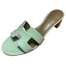 Hermes Oasis sandals with emblematic Maison heel in aqua green calfskin 37.5 - Hermès