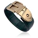 Vintage Green Leather Belt Bangle Cuff Bracelet Gold Buckle - Gucci