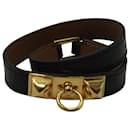 Hermès Rivale Gold Plated Double Tour Bracelet in Black Leather 