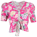 Sandro Paris Becky Floral Print Puff-sleeve Top In Pink Linen