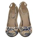 Gucci Floral Horsebit Ankle Strap Charlotte Wedge Sandals Indigo