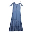 Schulterfreies, gerüschtes und bedrucktes Altuzarra-Kleid aus blauer Seide