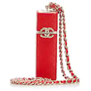 Custodia per rossetto squadrata Chanel CC in pelle di agnello su catena rossa