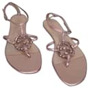 Gucci rose gold crystal interlocking G leather T-strap sandals