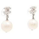 Silver CC pearl drop earrings - Chanel