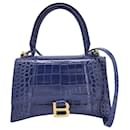 Balenciaga Small Croc-Embossed Hourglass Top Handle Bag in Blue Calfskin Leather