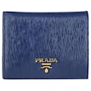 Prada Logo-Plaque Bifold Wallet in Blue Saffiano Leather