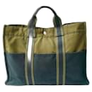 HERMES Toto khaki and black canvas GM cotton tote bag / Very good condition - Hermès