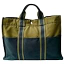 HERMES Toto khaki and black canvas GM cotton tote bag / Very good condition - Hermès