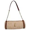 Saint Laurent Small Cassandre Cylindric Shoulder Bag in Beige Raffia and Brown Leather