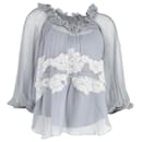 Chloé Lace-Trimmed Ruffled-Neck Blouse in Light Blue Silk