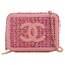 Chanel Pink Tweed CC Filigree Vanity Clutch con cadena