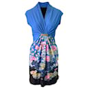 Blaues und mehrfarbiges bedrucktes Kleid von Roberto Cavalli, Größe US S