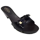 Tod's Black / Gold Studded Wood Heel Patent Leather Slide Sandals - Autre Marque