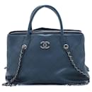 Chanel Navy 2015 quilted leather chain tote bag - size