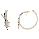 CHANEL CREOLES EARRINGS CC LOGO & STRASS BLACK WHITE 2022 LOOP EARRINGS - Chanel