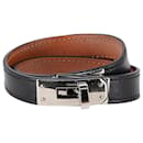 Bracelet plaqué palladium Tour doublé Hermes Kelly en cuir noir - Hermès