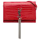 Saint Laurent Red Small Embossed Kate Tassel Wallet on Chain
