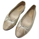 CHANEL LOGO CC G BALLERINAS SHOES02819 37 IRISE LEATHER GOLD CANVAS SHOES - Chanel