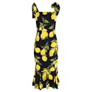 Dolce & Gabbana Lemon Print Midi Dress in Yellow and Black Silk