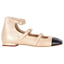 Chanel Mary Jane Ankle Ballet Shoes in Beige and Black Lambskin Leather 