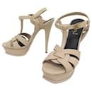 SAINT LAURENT TRIBUTE SHOES 315487 Sandals 38 BEIGE LEATHER BLACK SHOES - Yves Saint Laurent