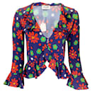 Saint Laurent Blue Rouge Vert Ruffled Floral Printed Crepe Blouse