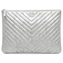 Chanel Silver Metallic Chevron Calfskin O Case Clutch