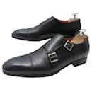 SANTONI SHOES BI-BUCKLE MOCCASINS 14549 7 42 BLACK LEATHER LOAFERS SHOES - Santoni