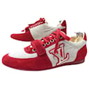 CHAUSSURES LOUIS VUITTON BASKETS LOGO LV 7.5 42.5 FR EN DAIM ROUGE & TOILE - Louis Vuitton