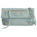 Balenciaga Giant Clutch with shoulder strap in aqua green leather