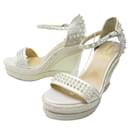 CHRISTIAN LOUBOUTIN SHOES 39 WHITE LEATHER WEDGE SANDALS + POUCHES - Christian Louboutin