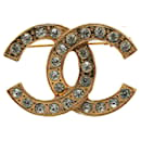 Gold Chanel Gold Plated CC Rhinestone Brooch