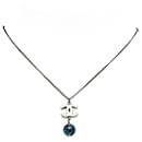 Chanel Coco Mark Stone Necklace Blue Black Silver Metal in Very Good Condition