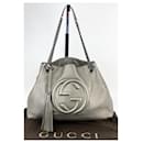 Gucci Metallic Pewter Pebbled Soho Medium Chain Tote Shoulder Hobo bag Occasion