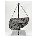 Christian Dior Oblique Saddle Hand Bag Purse Black Beige Canvas