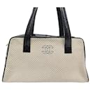 CHANEL BOWLING HANDBAG CC LOGO PATENT LEATHER AND QUILTED CANVAS HANDBAG - Chanel