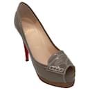Christian Louboutin Taupe Patent Leather Peep Toe Stiletto Heel Loafer Pumps