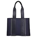 Chloe Medium Woody Tote in Blue Canvas and Black Calfskin Leather - Chloé
