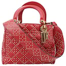 Christian Dior Calfskin Cannage Studded Medium Supple Lady Dior 2Way Handbag in Red