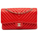 Chanel Arancione Medio Classico Chevron Pelle di Agnello Doppio Flap