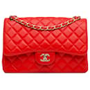 Chanel Red Jumbo Classic Lambskin Double Flap