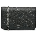 Chanel Black Studded Calfskin Camellia Wallet On Chain