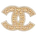 NEUF BROCHE CHANEL LOGO CC MATELASSE & STRASS METAL DORE GOLDEN BROOCH - Chanel