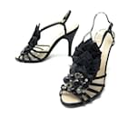 CHANEL SHOES BIJOU GRIPOIX SANDALS 40 IN BLACK SATIN FEATHERS - Chanel