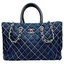 Chanel Denim Tote Bag with Wild Stitch Quilting in Blue