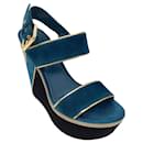 Louis Vuitton Teal / Beige / Black Suede Platform Wedge Sandals