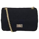 Chanel Vintage Noir / Or Chaîne Sangle Sac à Rabat en Jersey Matelassé